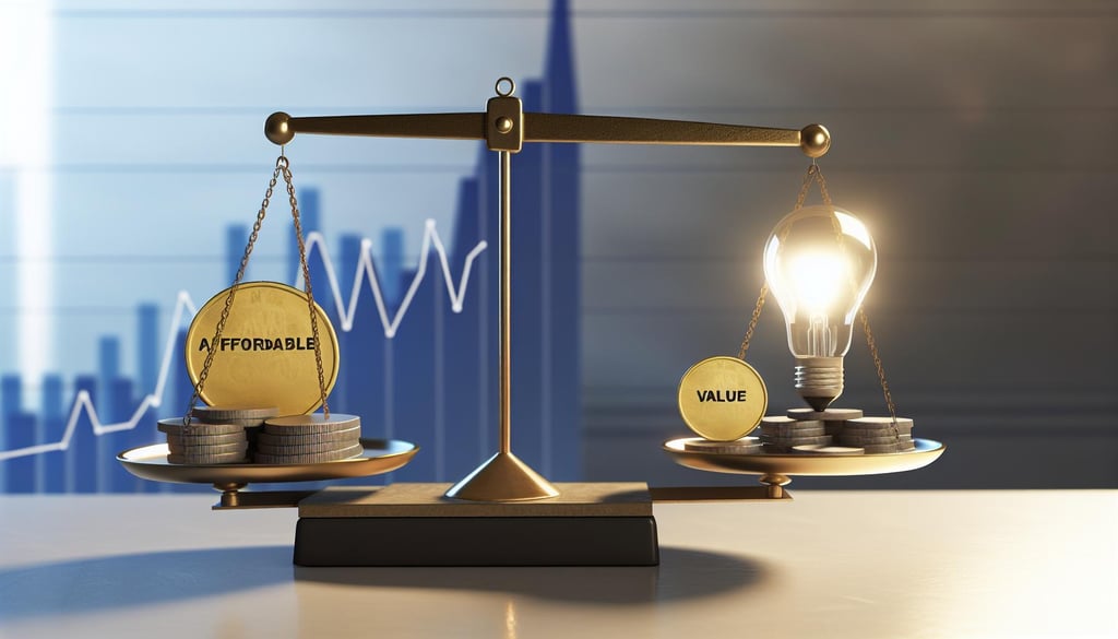 A image of a balance scale with VALUE balls, a flucturing graph, and glowing light bulb.